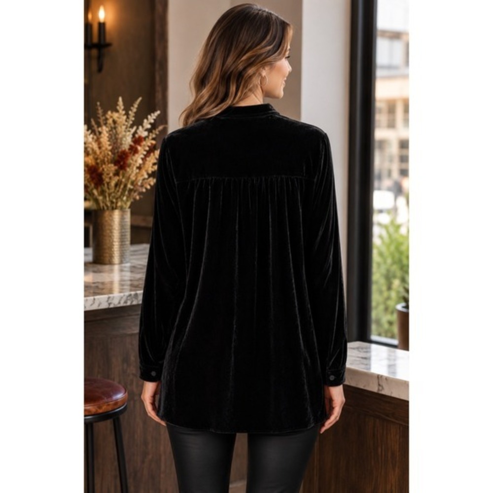 NWT! EILEEN FISHER Silk Velvet Mandarin Collar Top Buttondown Black Large Petite - Picture 7 of 14
